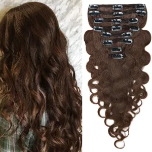 S-noilite Clip in Human Hair Extensions Curly Wavy 100% Real Remy Thick True Double Weft Clip in Hair Extensions Wavy Full Head 8 Pieces 18 Clips (20 Inch - 150g,Medium Brown (#04))