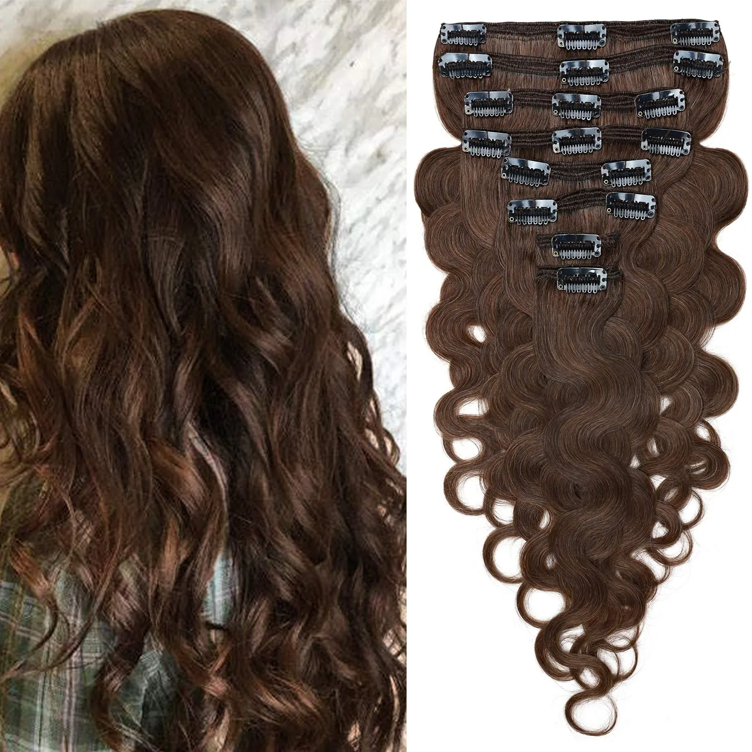 S-noilite Clip in Human Hair Extensions Curly Wavy 100% Real Remy Thick True Double Weft Clip in Hair Extensions Wavy Full Head 8 Pieces 18 Clips (20 Inch - 150g,Medium Brown (#04))
