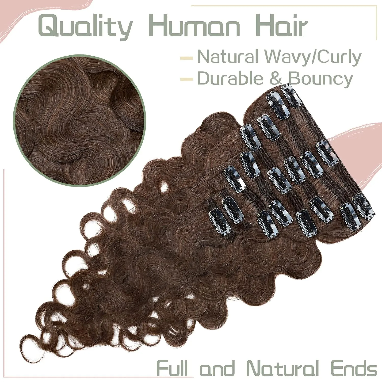 S-noilite Clip in Human Hair Extensions Curly Wavy 100% Real Remy Thick True Double Weft Clip in Hair Extensions Wavy Full Head 8 Pieces 18 Clips (20 Inch - 150g,Medium Brown (#04))