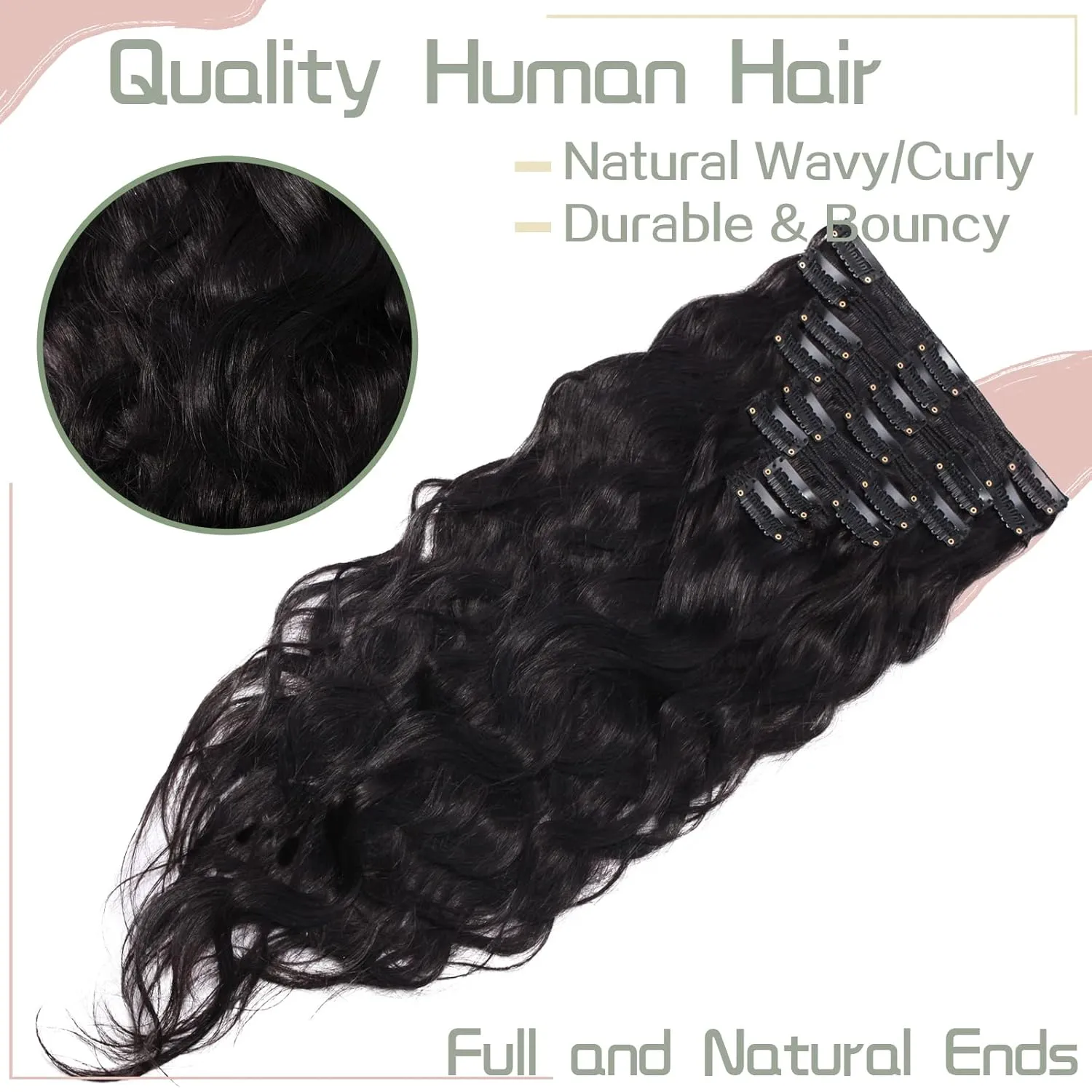 S-noilite Wavy Clip in Hair Extensions - Real Human Hair, Double Weft, Natural Black (#1B) - 8 Pieces, 18 Clips, 20 Inch, 150g