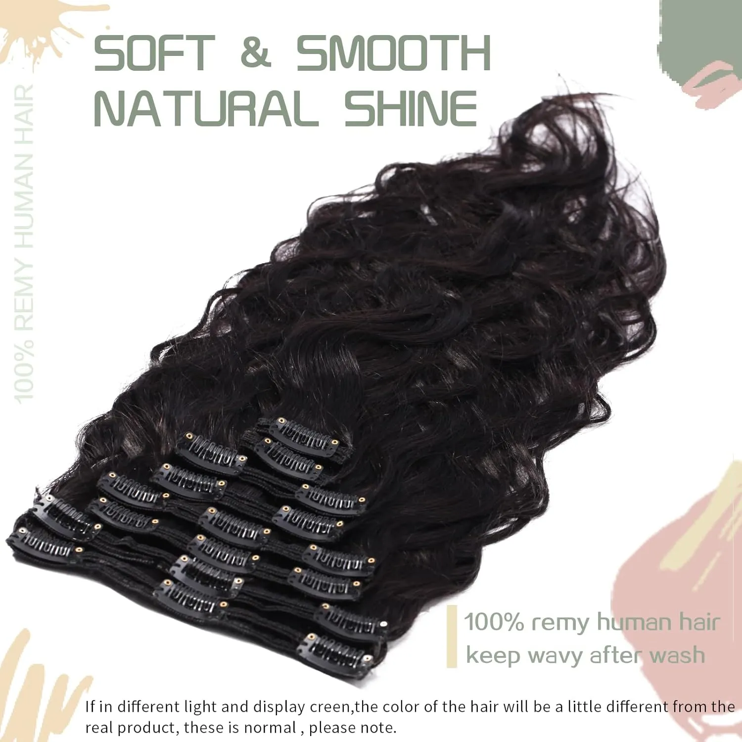 S-noilite Wavy Clip in Hair Extensions - Real Human Hair, Double Weft, Natural Black (#1B) - 8 Pieces, 18 Clips, 20 Inch, 150g
