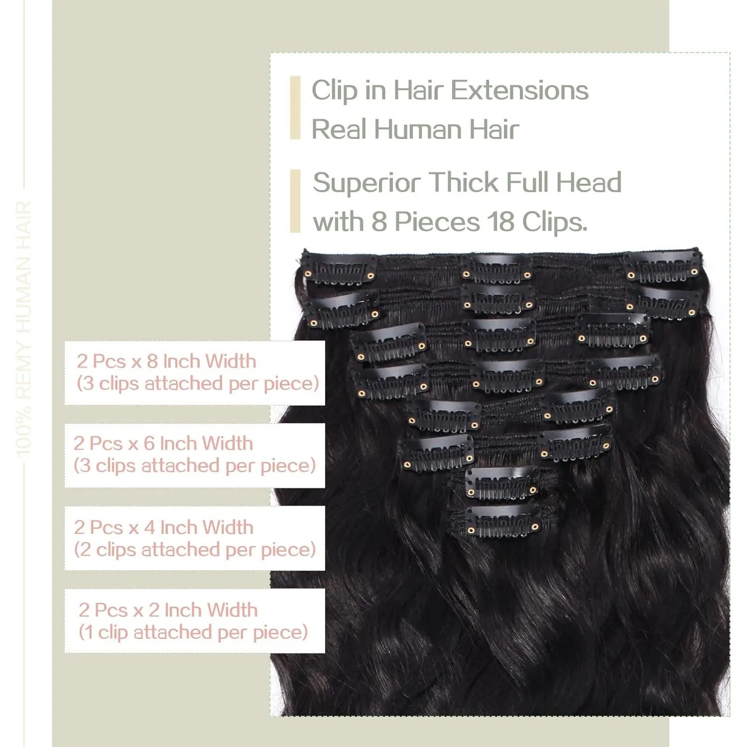 S-noilite Wavy Clip in Hair Extensions - Real Human Hair, Double Weft, Natural Black (#1B) - 8 Pieces, 18 Clips, 20 Inch, 150g