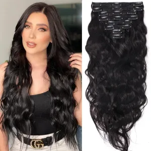 S-noilite Wavy Clip in Hair Extensions - Real Human Hair, Double Weft, Natural Black (#1B) - 8 Pieces, 18 Clips, 20 Inch, 150g