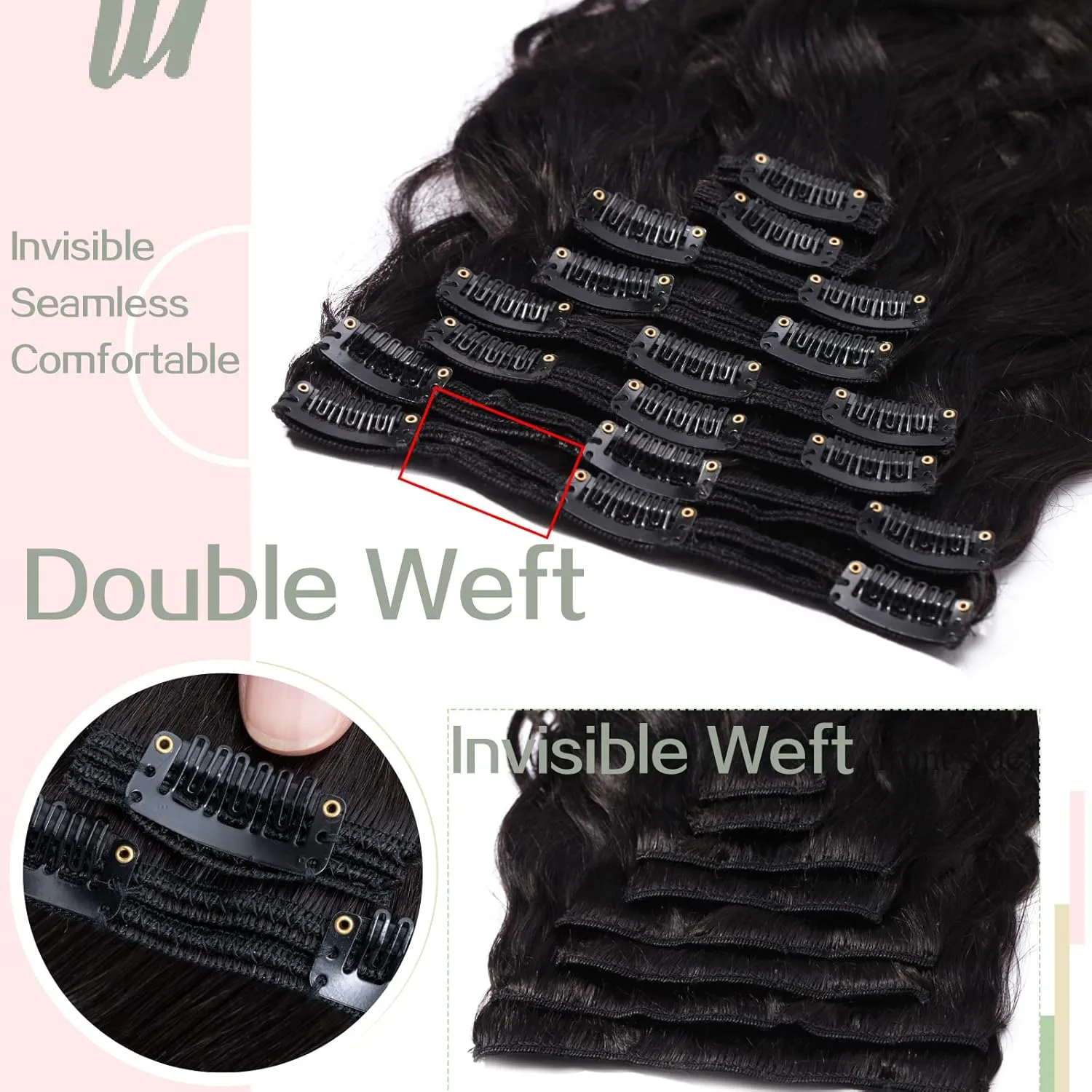 S-noilite Wavy Clip in Hair Extensions - Real Human Hair, Double Weft, Natural Black (#1B) - 8 Pieces, 18 Clips, 20 Inch, 150g
