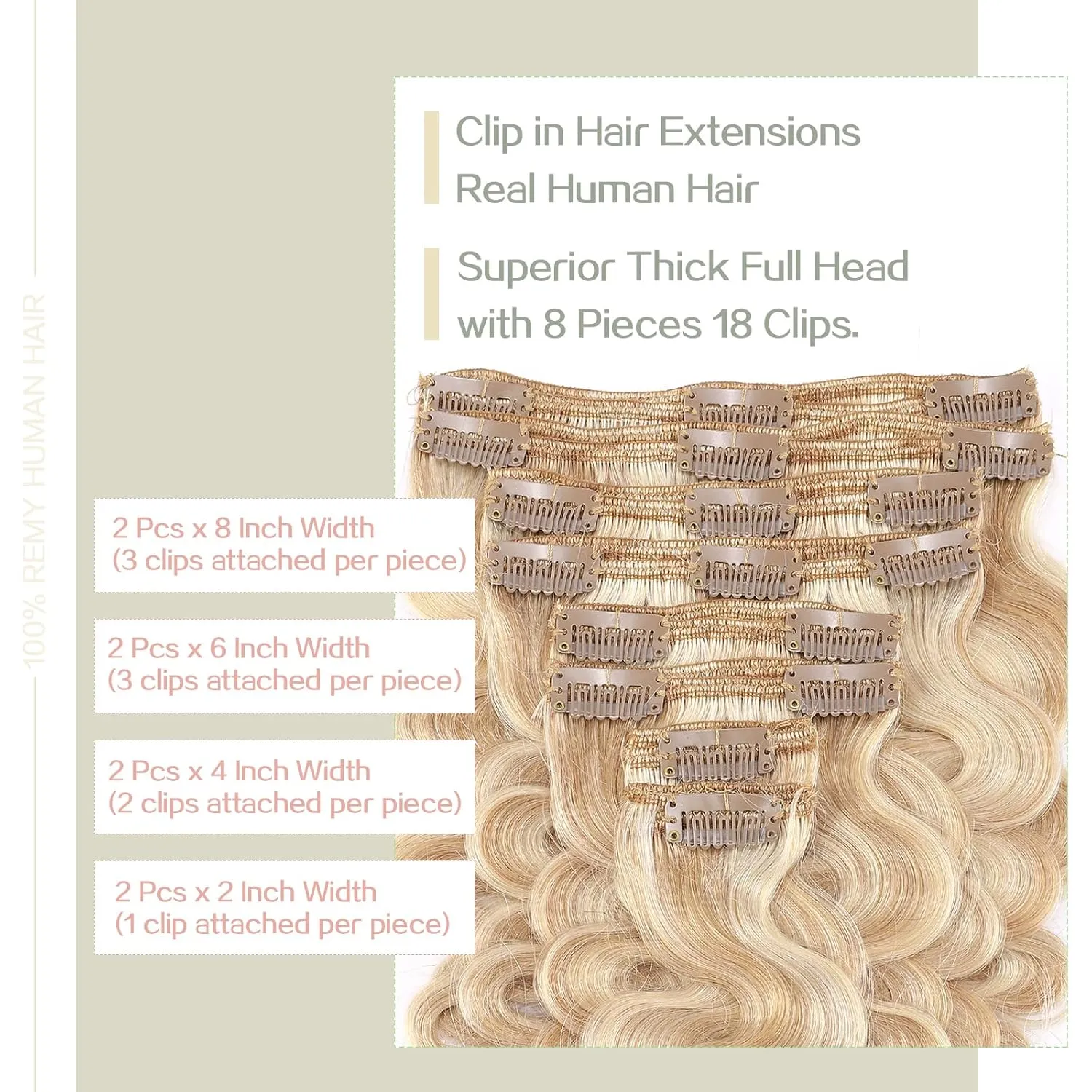 S-noilite Wavy Clip in Hair Extensions Real Human Hair Natural Wavy Remy Hair Thick Double Weft Clip in Extensions Full Head 8 Pieces 18 Clips (18 Inch - 140g,Ash Blonde/Bleach Blonde(#18/613))