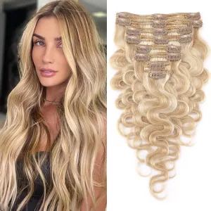 S-noilite Wavy Clip in Hair Extensions Real Human Hair Natural Wavy Remy Hair Thick Double Weft Clip in Extensions Full Head 8 Pieces 18 Clips (18 Inch - 140g,Ash Blonde/Bleach Blonde(#18/613))
