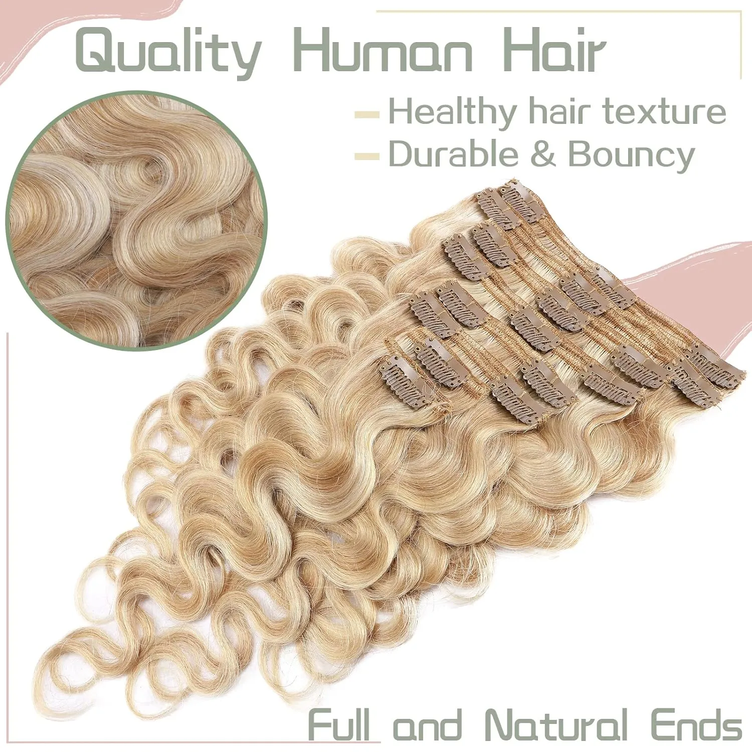 S-noilite Wavy Clip in Hair Extensions Real Human Hair Natural Wavy Remy Hair Thick Double Weft Clip in Extensions Full Head 8 Pieces 18 Clips (18 Inch - 140g,Ash Blonde/Bleach Blonde(#18/613))