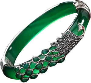 S925 Silver with Natural Green Chalcedony Peacock Bangle 58-62mm Fengshui Fashion Jade bracelet For Women Genuine