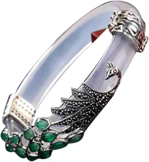 S925 Silver with Natural White Chalcedony Peacock Bangle 58-62mm Fengshui Fashion Jade bracelet For Women Genuine