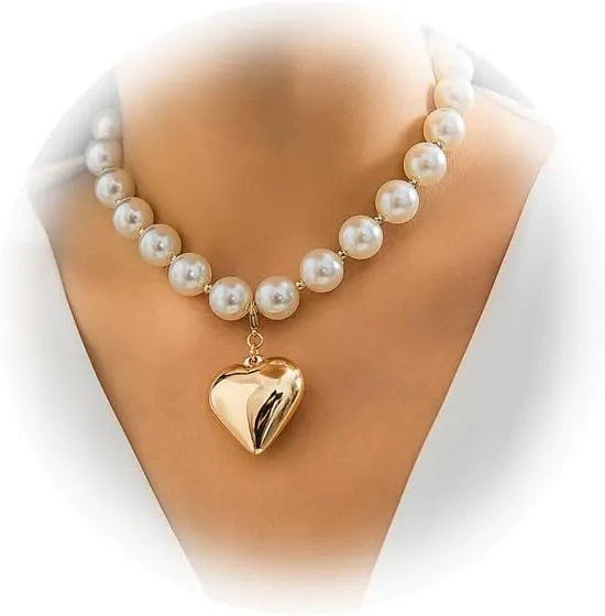 Sexy Bikini Pearl Choker Necklaces Summer Beach Pearl Clavicle Chain Necklace Elegant Heart Pendant Body Jewelry Festival Rave Pearl Collar Body Chain Necklace for Women