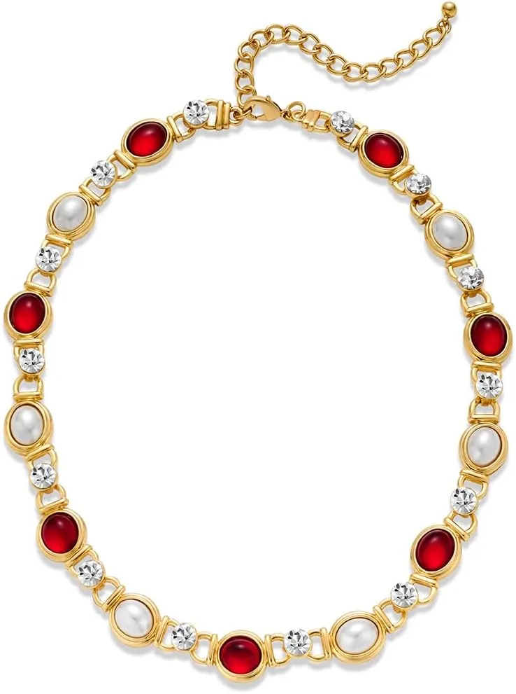 Short Choker Necklaces For Women Imitation Pearls Red Cab Rhinestone Statement Necklace