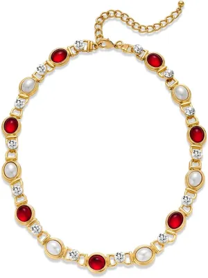 Short Choker Necklaces For Women Imitation Pearls Red Cab Rhinestone Statement Necklace