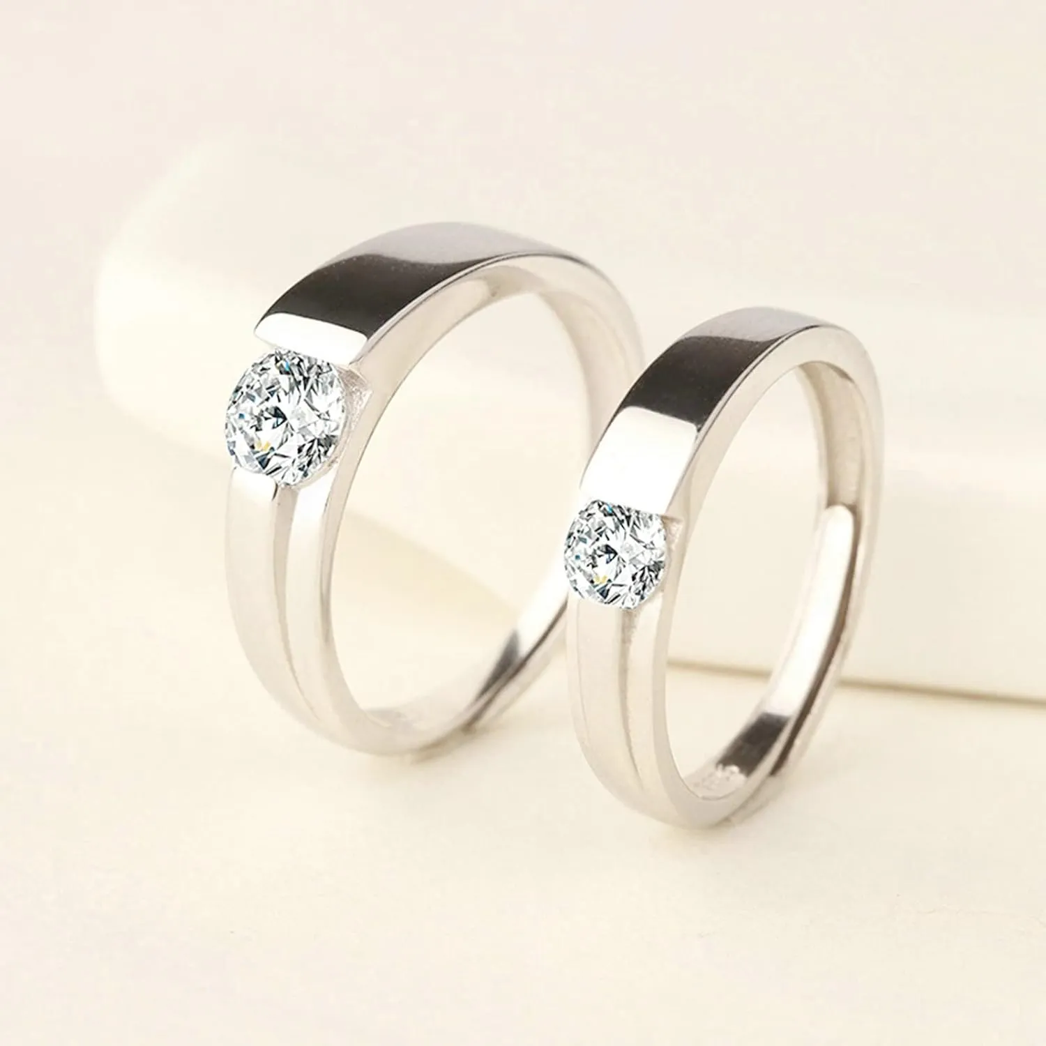 Silver Couple Rings 925 Real, Custom Engraved Rings for Couples Adjustable Solitaire Ring with Cubic Zirconia