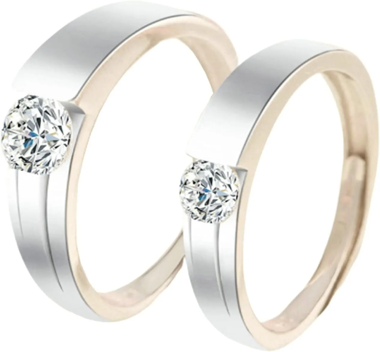Silver Couple Rings 925 Real, Custom Engraved Rings for Couples Adjustable Solitaire Ring with Cubic Zirconia