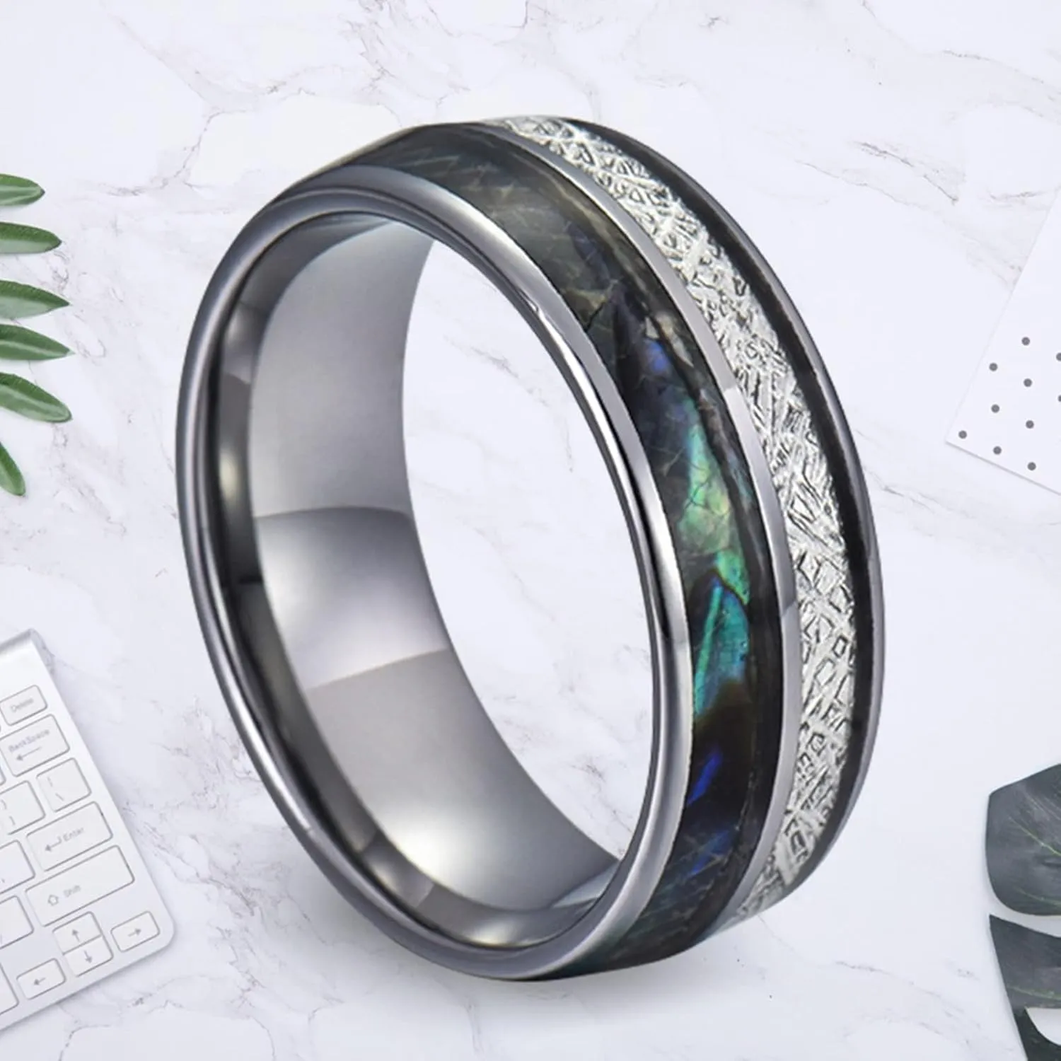 Silver Engagement Ring, Stainless Steel Rings for Women 8mm Silver Ring Inlay Shell and Metal Men's and Women's Fashion Rings