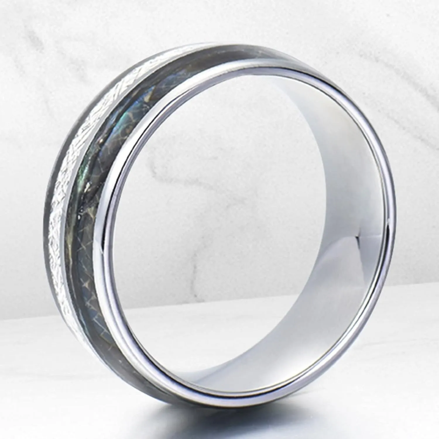 Silver Engagement Ring, Stainless Steel Rings for Women 8mm Silver Ring Inlay Shell and Metal Men's and Women's Fashion Rings