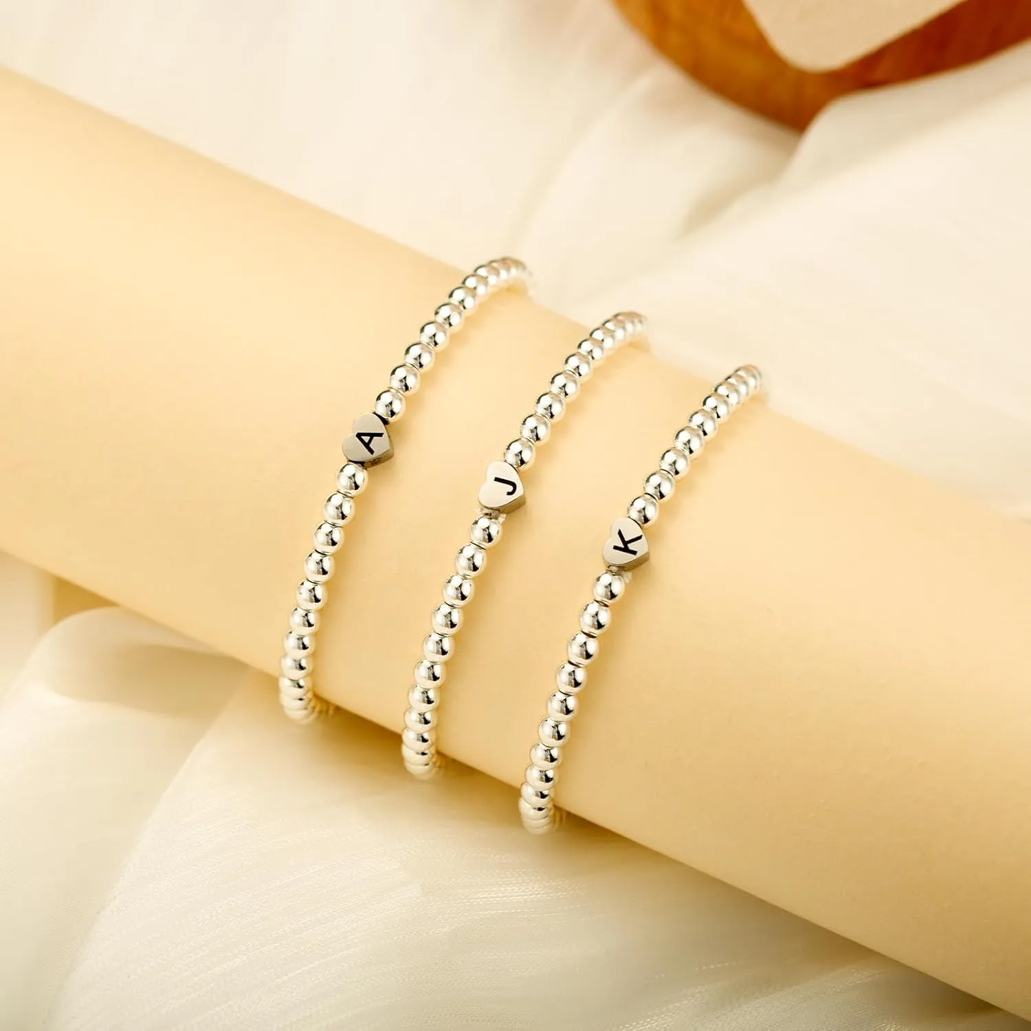 Silver Heart Initial Beaded Bracelet for Women Men,Dainty Stretch Letter Bracelets,Trendy Stackable Bracelets Jewelry Gifts