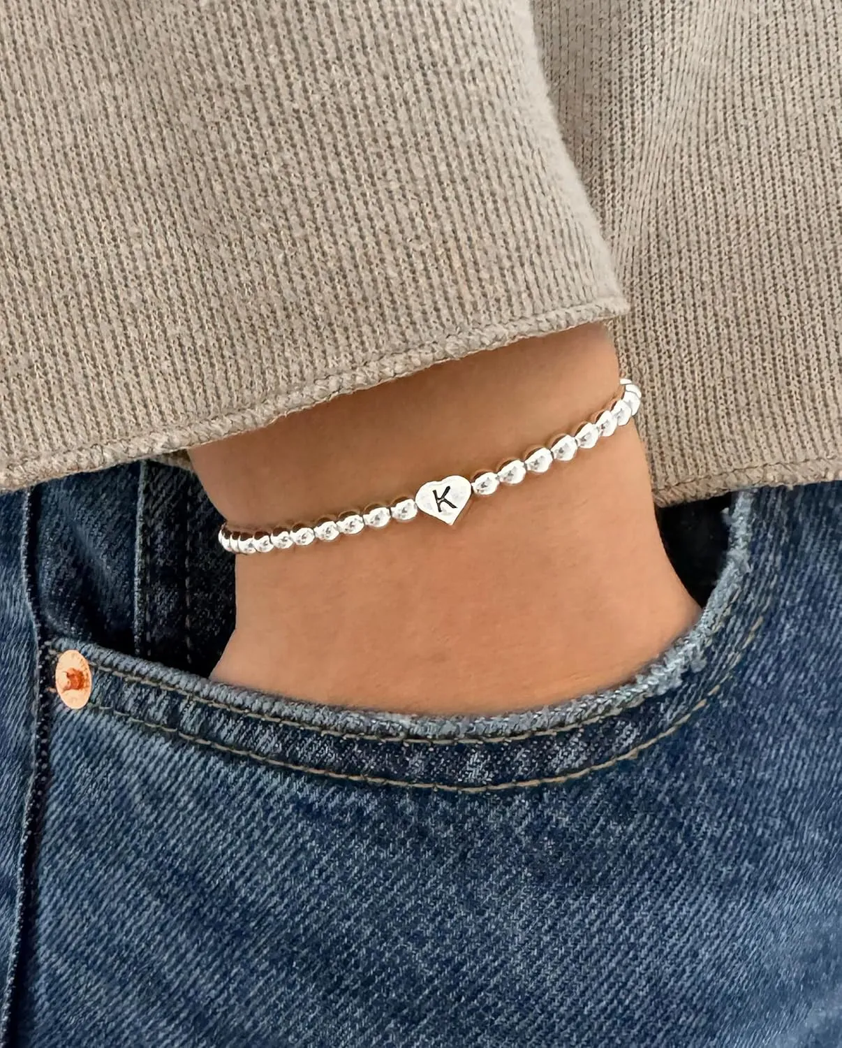 Silver Heart Initial Beaded Bracelet for Women Men,Dainty Stretch Letter Bracelets,Trendy Stackable Bracelets Jewelry Gifts