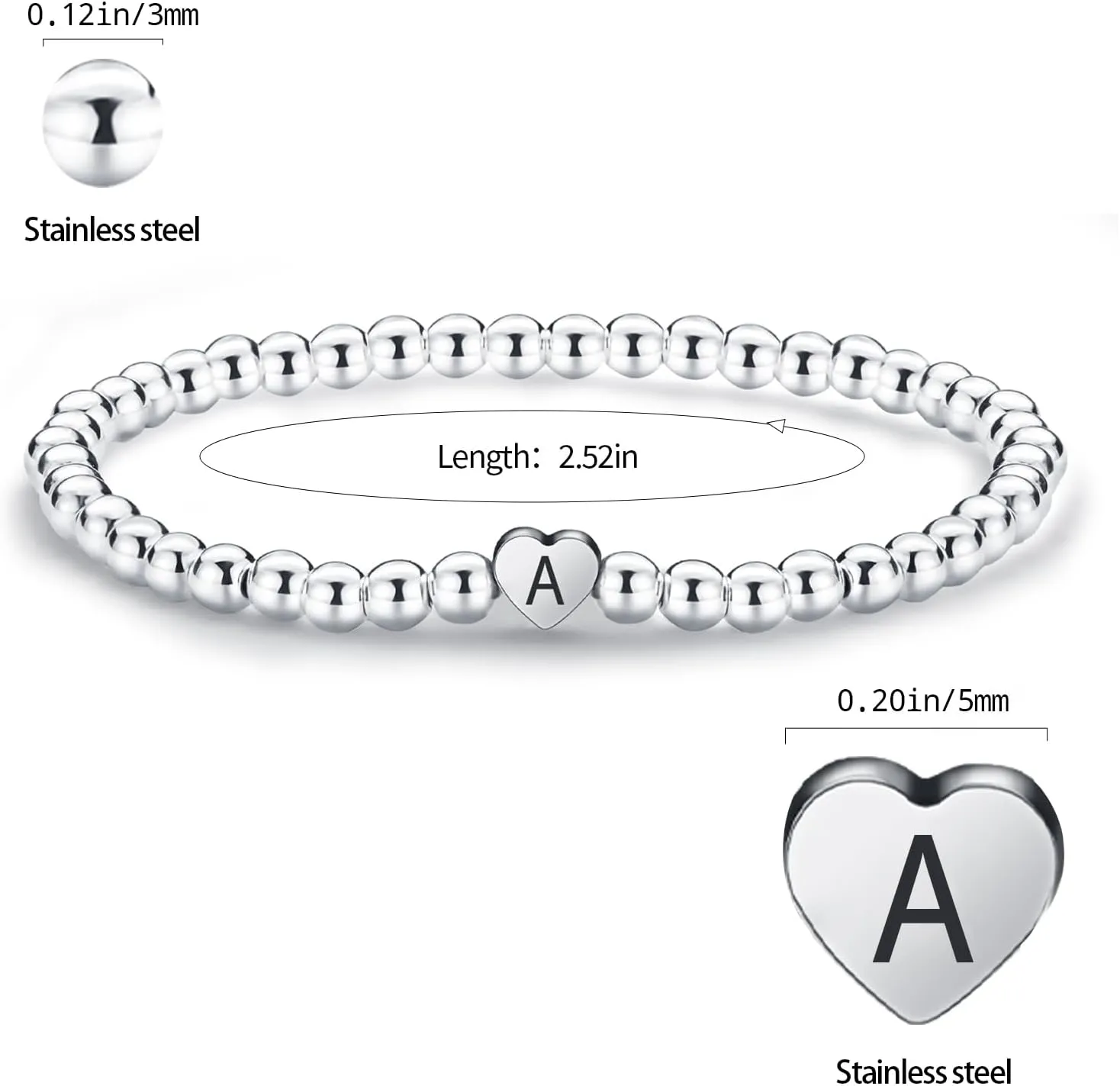 Silver Heart Initial Beaded Bracelet for Women Men,Dainty Stretch Letter Bracelets,Trendy Stackable Bracelets Jewelry Gifts