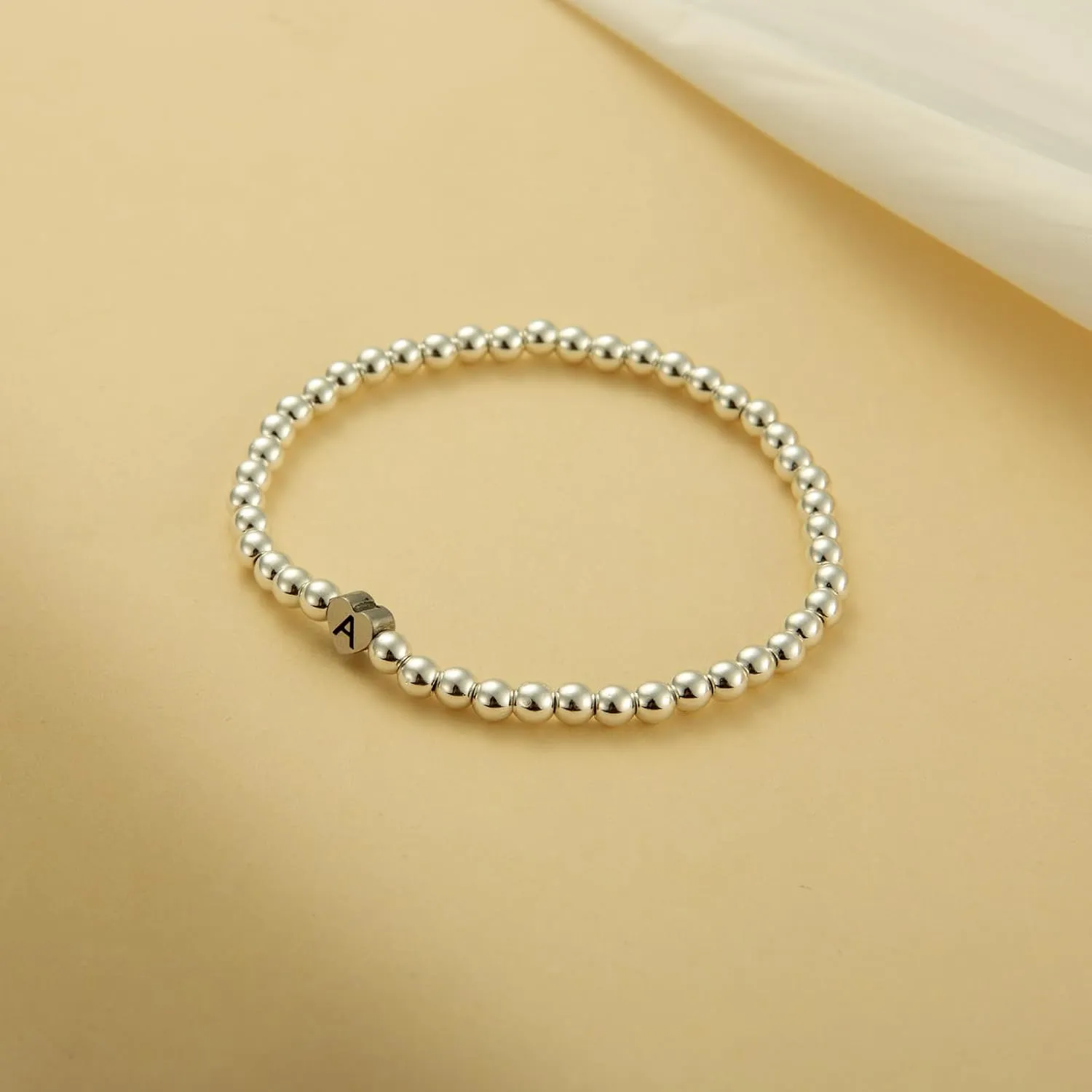 Silver Heart Initial Beaded Bracelet for Women Men,Dainty Stretch Letter Bracelets,Trendy Stackable Bracelets Jewelry Gifts