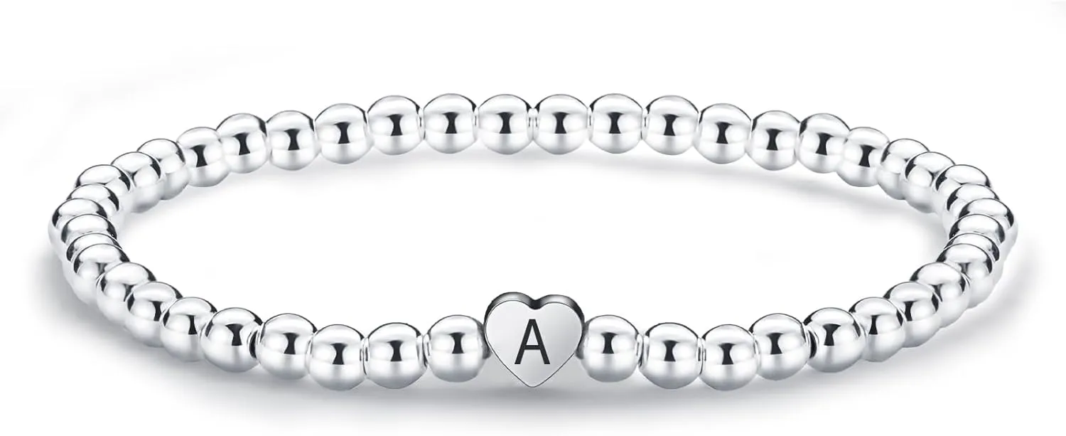 Silver Heart Initial Beaded Bracelet for Women Men,Dainty Stretch Letter Bracelets,Trendy Stackable Bracelets Jewelry Gifts