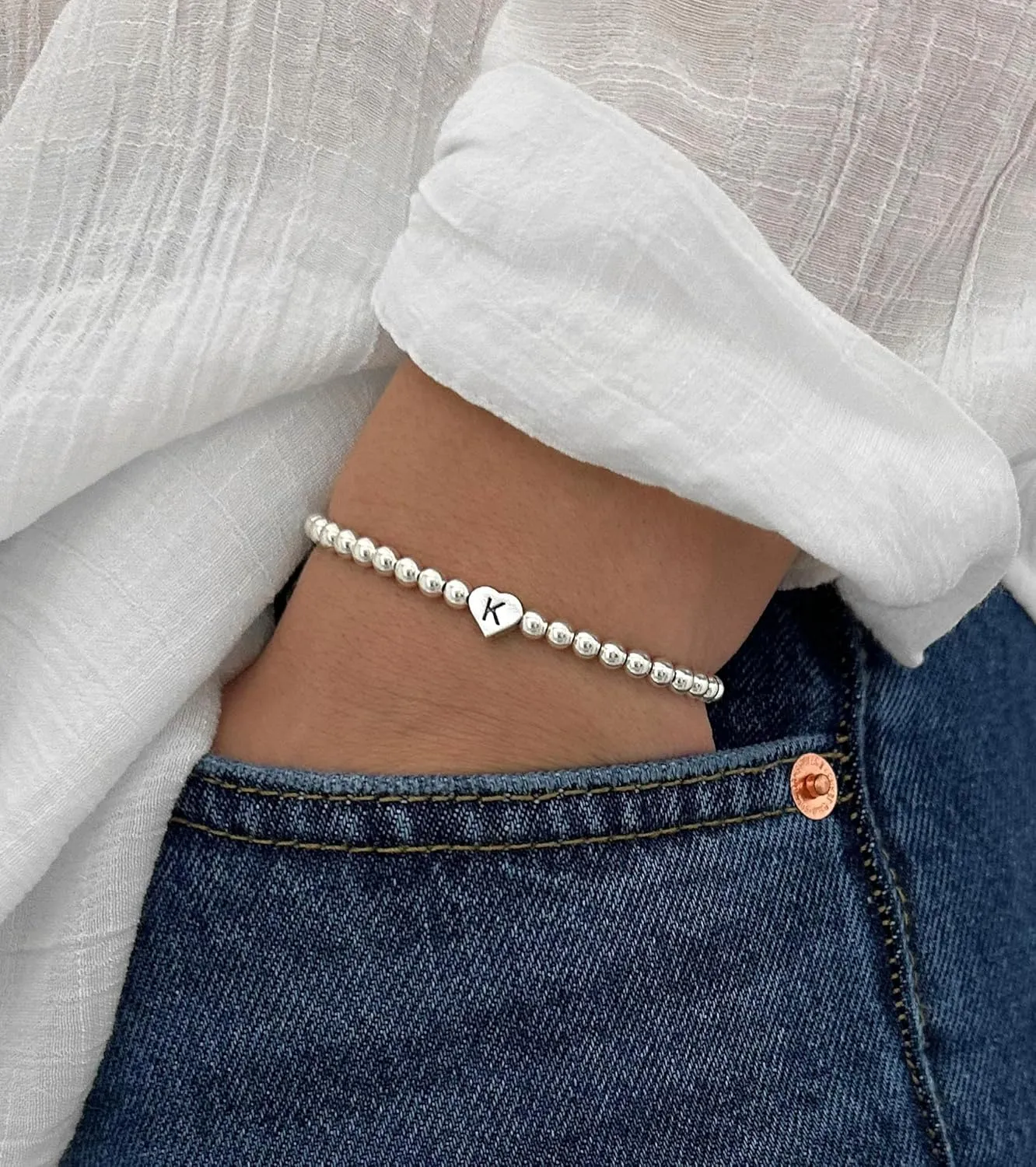Silver Heart Initial Beaded Bracelet for Women Men,Dainty Stretch Letter Bracelets,Trendy Stackable Bracelets Jewelry Gifts