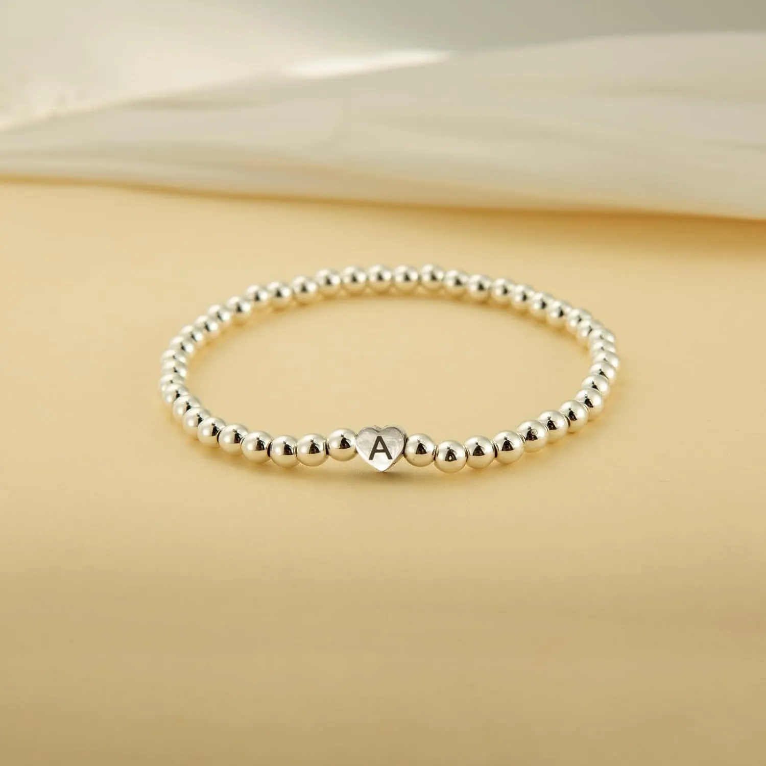 Silver Heart Initial Beaded Bracelet for Women Men,Dainty Stretch Letter Bracelets,Trendy Stackable Bracelets Jewelry Gifts