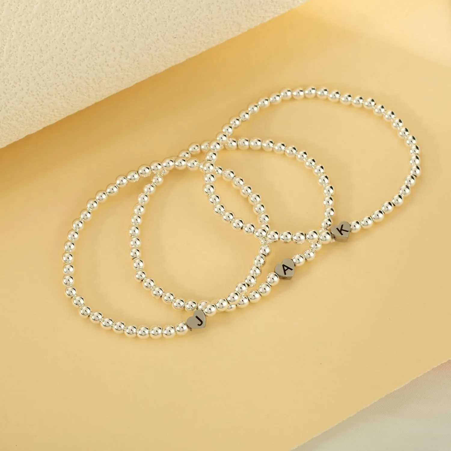 Silver Heart Initial Beaded Bracelet for Women Men,Dainty Stretch Letter Bracelets,Trendy Stackable Bracelets Jewelry Gifts