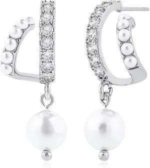 Silver Pearl Hoop Earrings for Women 14K Gold Plated Dangle Cubic Zirconia Pearl Double Hoop Earrings for Single Piercing Open Hoop Earrings for One Hole Drop Simulated Pearl Earrings Jewelry Gifts