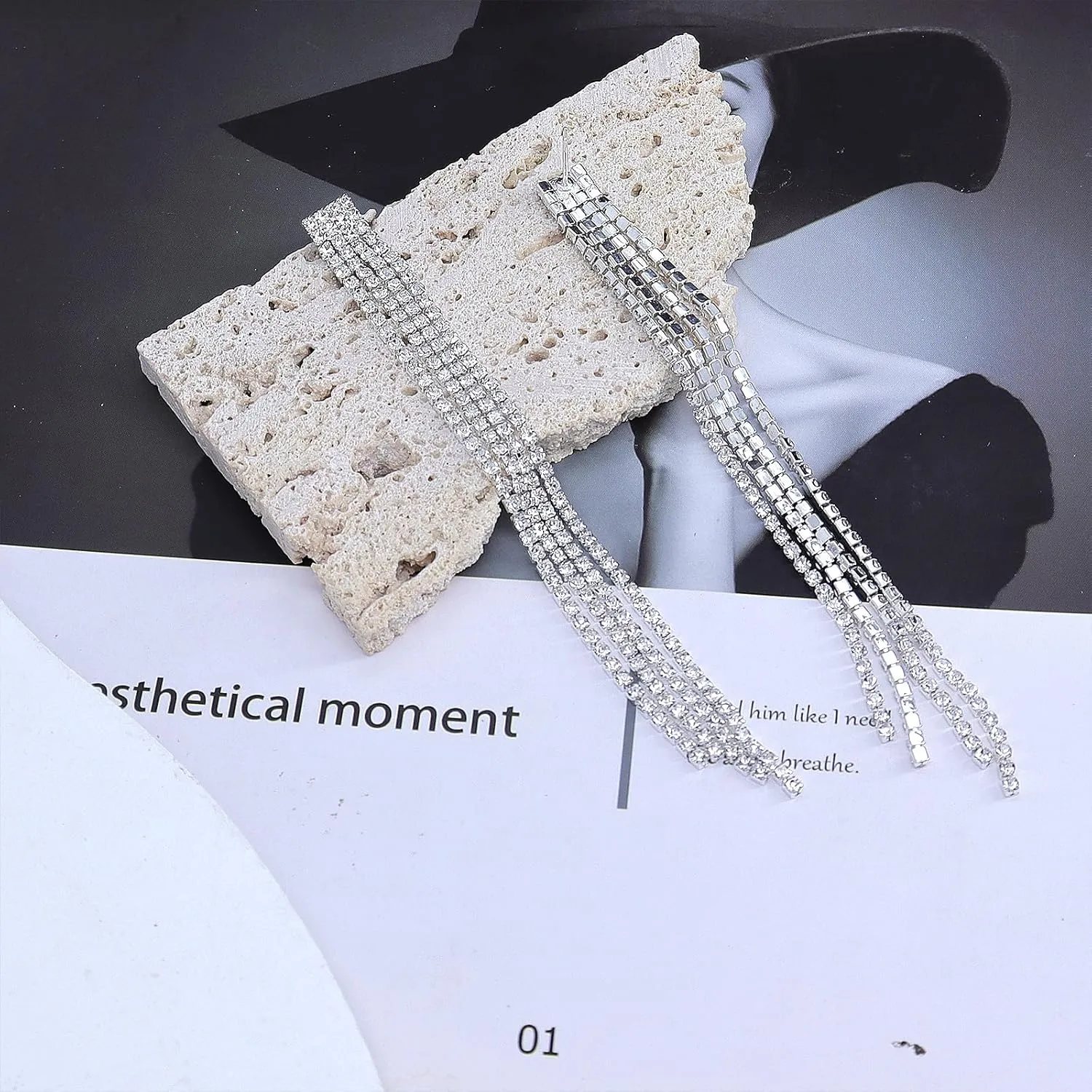 Silver Rhinestone Tassel Dangle Earrings for Women Long Fringe Dress Prom Drop Earrings Bling Chandelier Earrings Jewelry Gift 2024