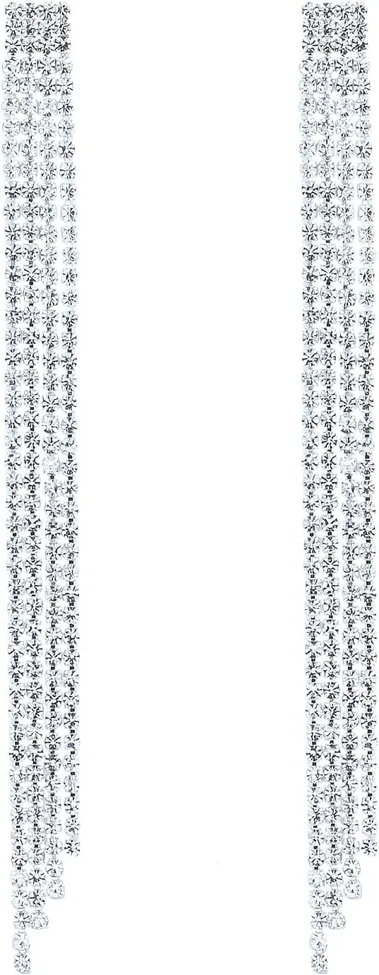 Silver Rhinestone Tassel Dangle Earrings for Women Long Fringe Dress Prom Drop Earrings Bling Chandelier Earrings Jewelry Gift 2024