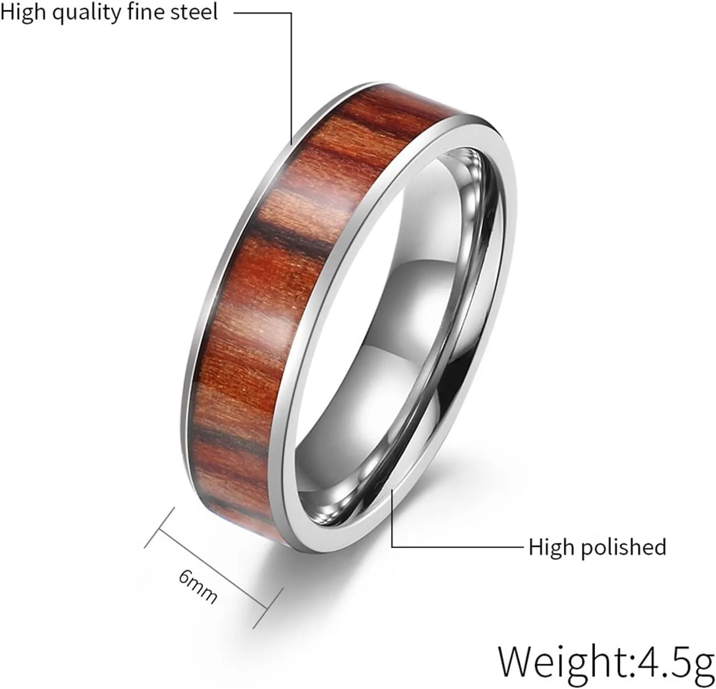 Silver Ring for Women, Stainless Steel Engagement Rings 6mm 8mm Silver Ring Inlay Wood Rings for Men and Women