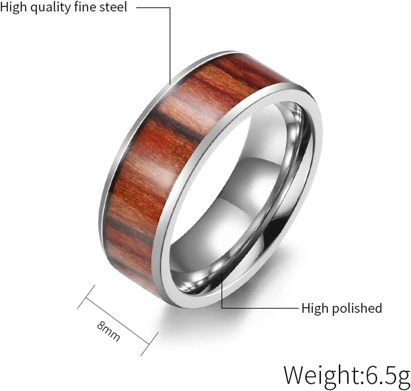 Silver Ring for Women, Stainless Steel Engagement Rings 6mm 8mm Silver Ring Inlay Wood Rings for Men and Women