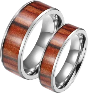 Silver Ring for Women, Stainless Steel Engagement Rings 6mm 8mm Silver Ring Inlay Wood Rings for Men and Women