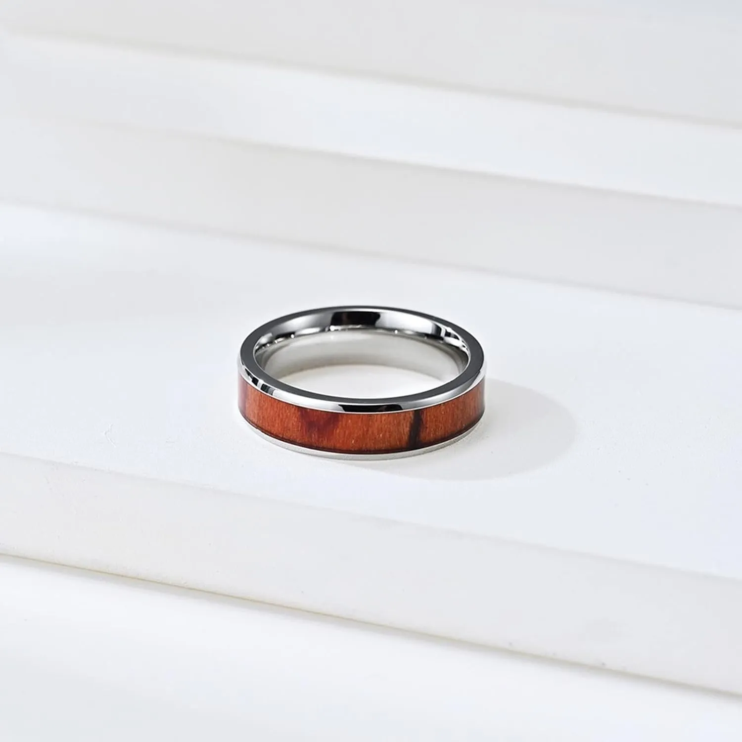 Silver Ring for Women, Stainless Steel Engagement Rings 6mm 8mm Silver Ring Inlay Wood Rings for Men and Women