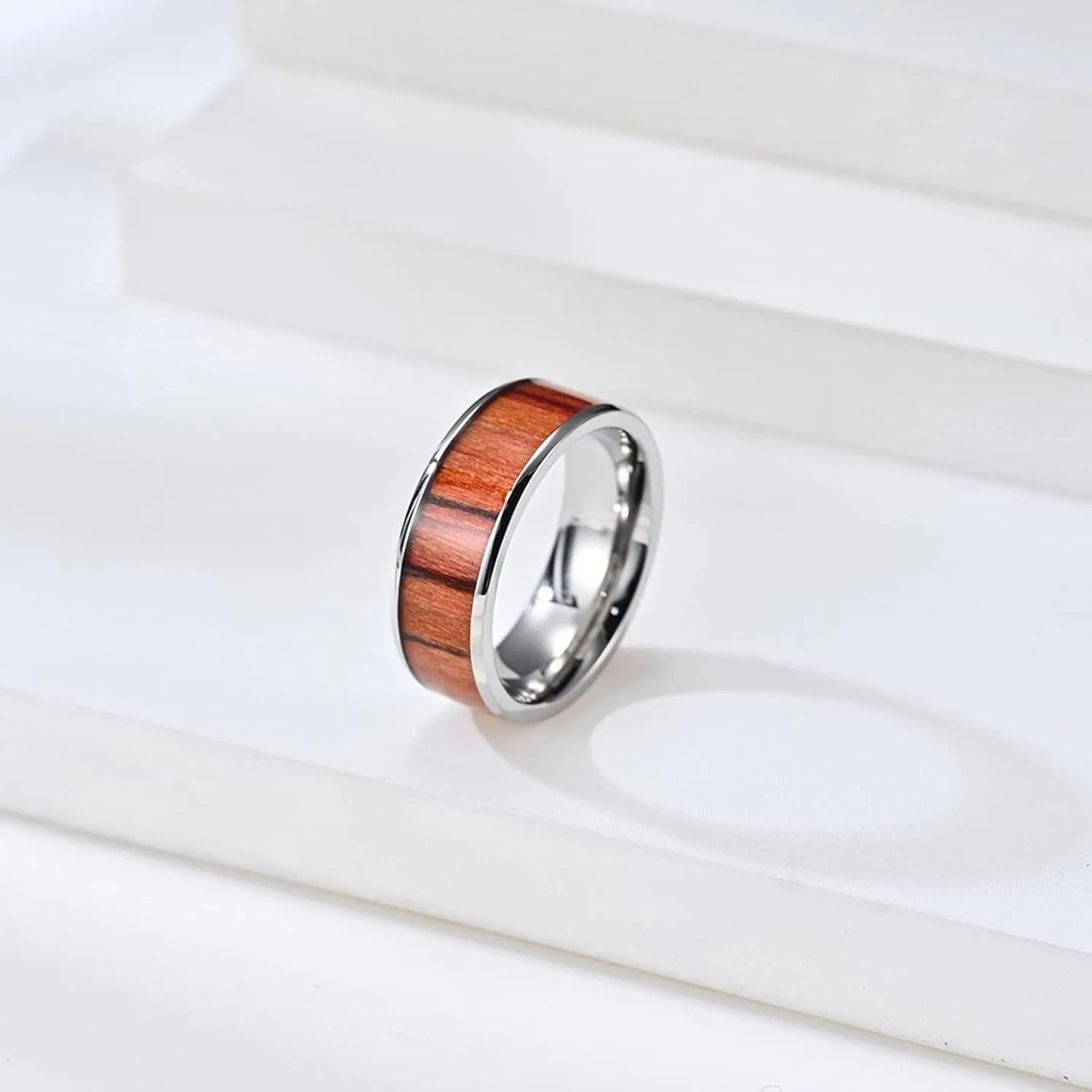 Silver Ring for Women, Stainless Steel Engagement Rings 6mm 8mm Silver Ring Inlay Wood Rings for Men and Women