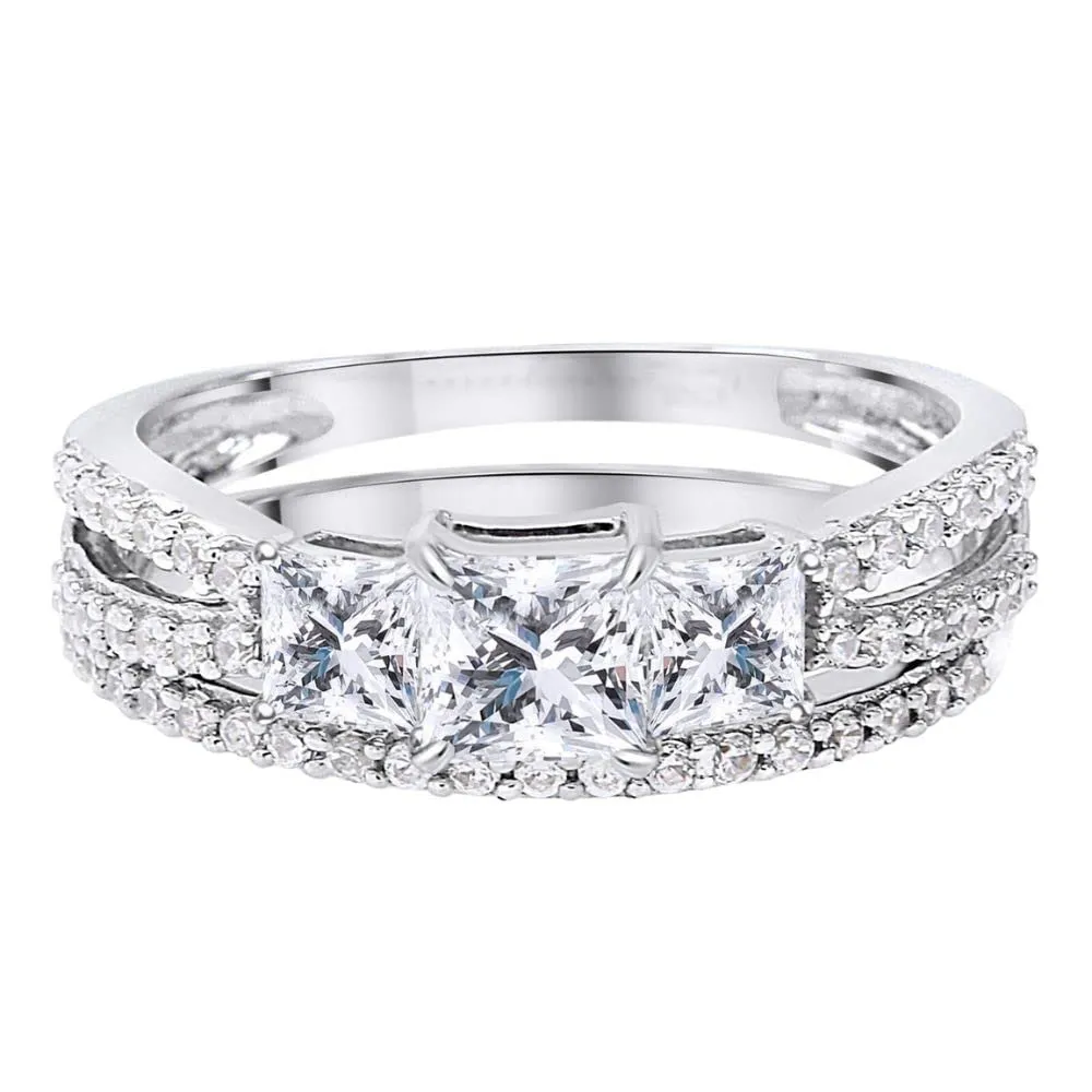 SilverDia 1 Ct Princess & Round Cut Diamond Classic Wedding Band Engagement Rings Set For Women's 14k White Gold Finish Fine 925 Sterling Silver Handmade Customized Stacking Matching Nice Gift For Her