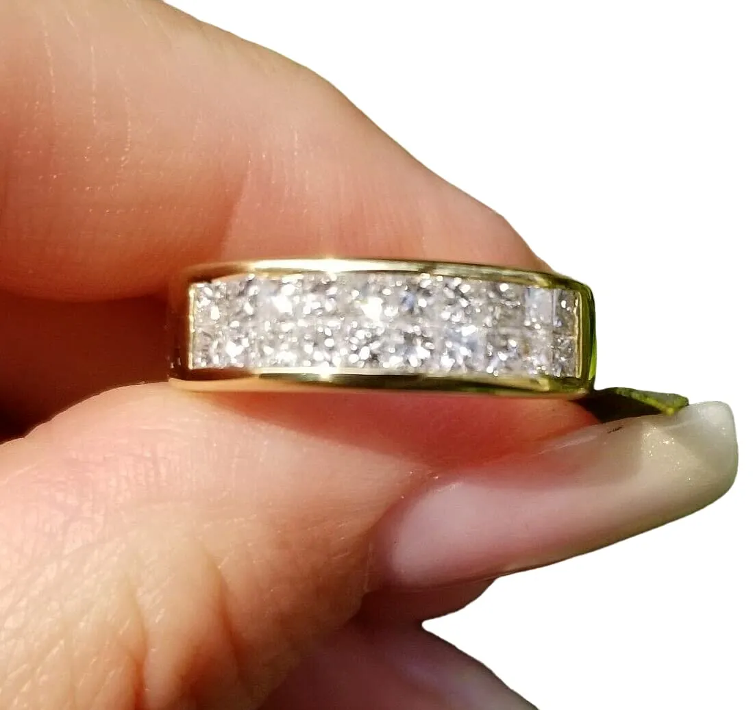 SilverDia 1 Ct Princess Cut Diamond Invisible Setting Classic Royal Engagement Band Ring 14k Yellow Gold Plated Wedding Band Real 925 Sterling Silver Handmade Customized Anniversary Ring Gift For Her