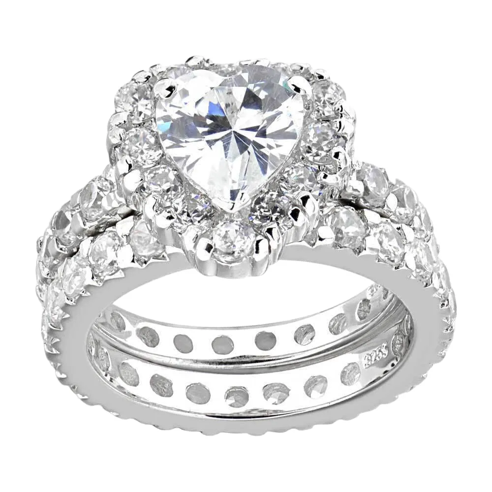 SilverDia 2.0 Ct Heart Cut Diamond Wedding Halo Engagement Bridal Rings Set For Women 14K White Gold Finish 925 Sterling Silver Handmade Stacking Customized Anniversary Promise Ring Gift For Her
