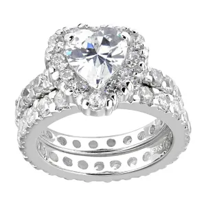 SilverDia 2.0 Ct Heart Cut Diamond Wedding Halo Engagement Bridal Rings Set For Women 14K White Gold Finish 925 Sterling Silver Handmade Stacking Customized Anniversary Promise Ring Gift For Her