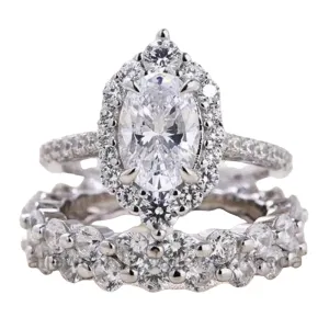 SilverDia 2.42 Ct Oval Cut Diamond Dainty 3 Pcs Bridal Wedding Band Engagement Rings Set 14k White Gold Plated Anniversary Ring 925 Sterling Silver Handmade Stacking Matching Customized Gift For Her