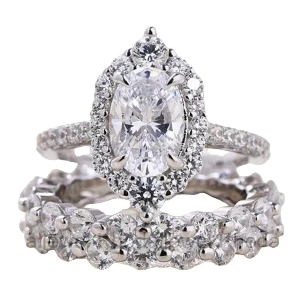 SilverDia 2.42 Ct Oval Cut Diamond Dainty 3 Pcs Bridal Wedding Band Engagement Rings Set 14k White Gold Plated Anniversary Ring 925 Sterling Silver Handmade Stacking Matching Customized Gift For Her