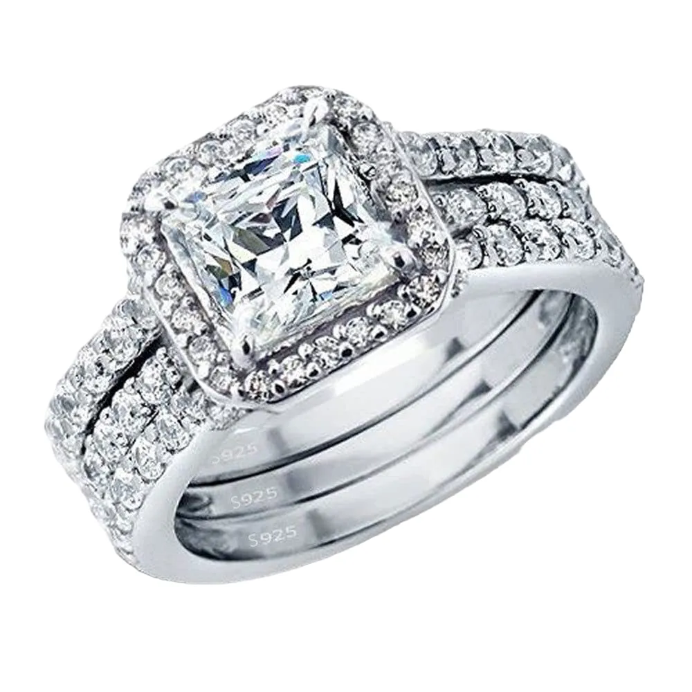 SilverDia 3.28 Ct Princess Cut Diamond 3 Pcs Bridal Wedding Band Engagement Rings Set 14K White Gold Plated 925 Sterling Silver Handmade Stacking Matching Customized Anniversary Band Set Gift For Her