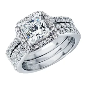 SilverDia 3.28 Ct Princess Cut Diamond 3 Pcs Bridal Wedding Band Engagement Rings Set 14K White Gold Plated 925 Sterling Silver Handmade Stacking Matching Customized Anniversary Band Set Gift For Her