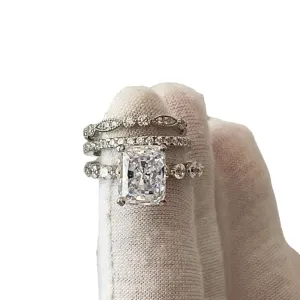 SilverDia 3.75 Ct Radiant Cut Diamond 3 Pcs Bridal Wedding Engagement Rings Set For Women 14k White Gold Plated 925 Sterling Silver Handmade Stacking Matching Customized Promise Band Gift For Her