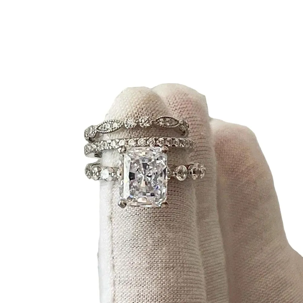 SilverDia 3.75 Ct Radiant Cut Diamond 3 Pcs Bridal Wedding Engagement Rings Set For Women 14k White Gold Plated 925 Sterling Silver Handmade Stacking Matching Customized Promise Band Gift For Her