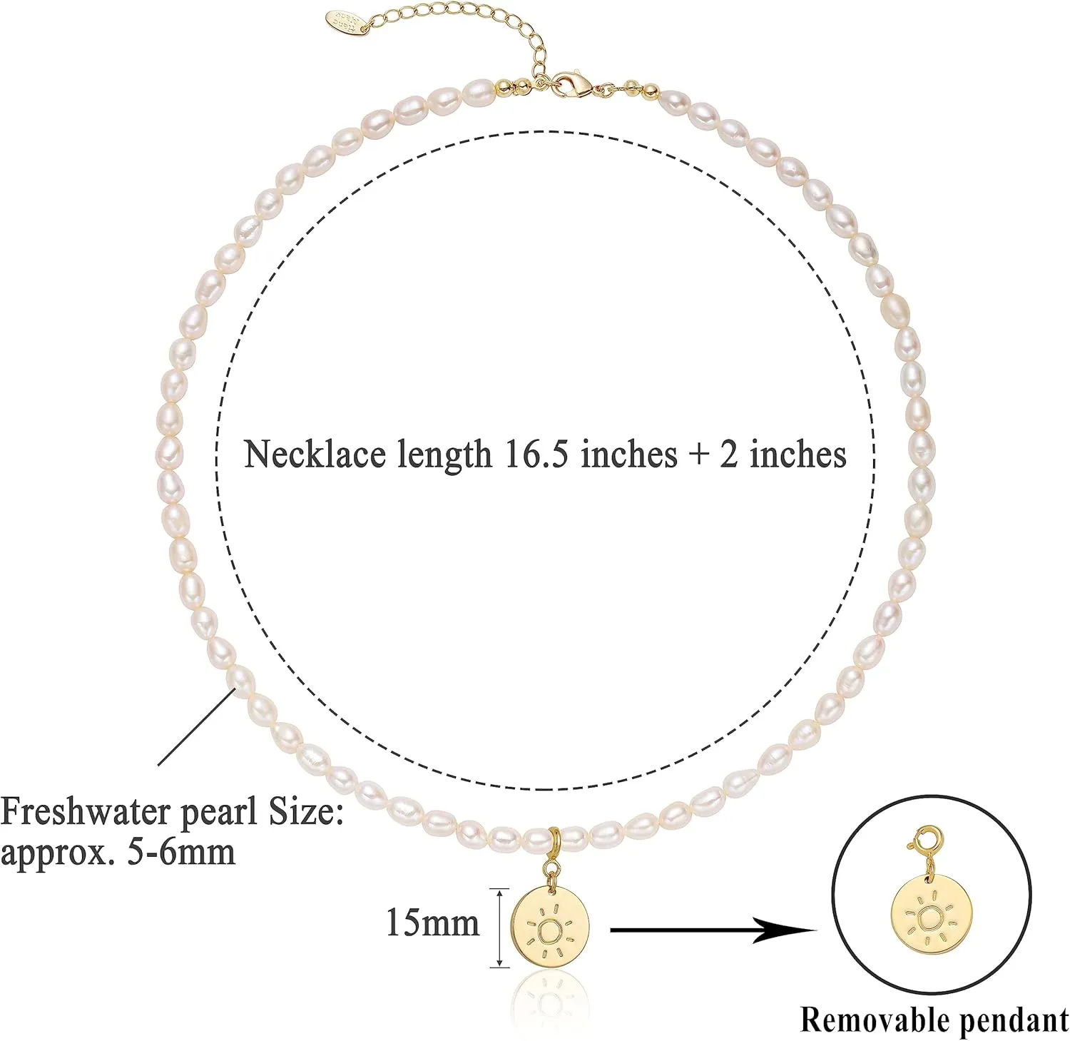 S.J JEWELRY Freshwater Pearl Necklace for Women 5mm Dainty Pearl Choker Necklaces 14K Gold Plated Rainbow Moon Pendant