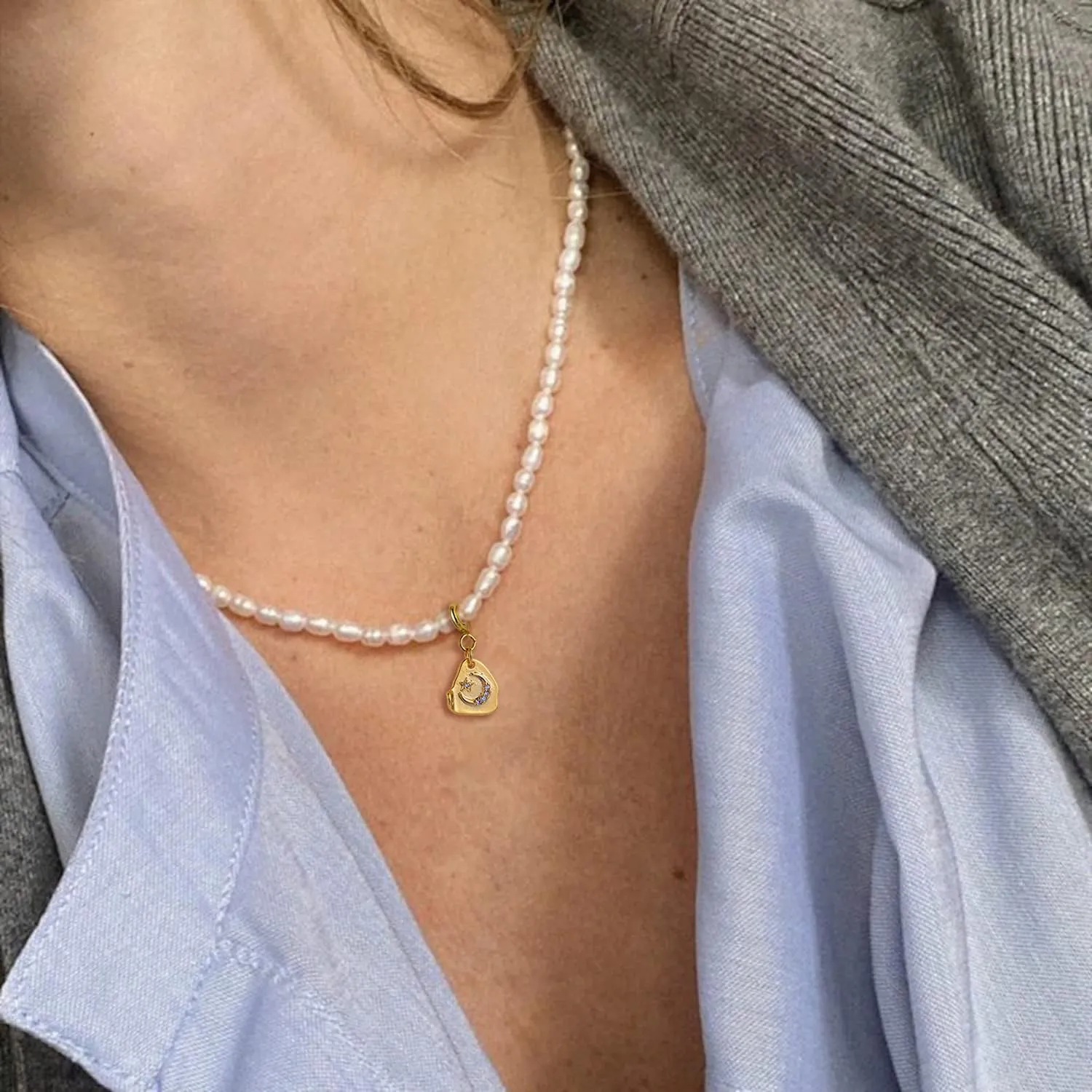 S.J JEWELRY Freshwater Pearl Necklace for Women 5mm Dainty Pearl Choker Necklaces 14K Gold Plated Rainbow Moon Pendant