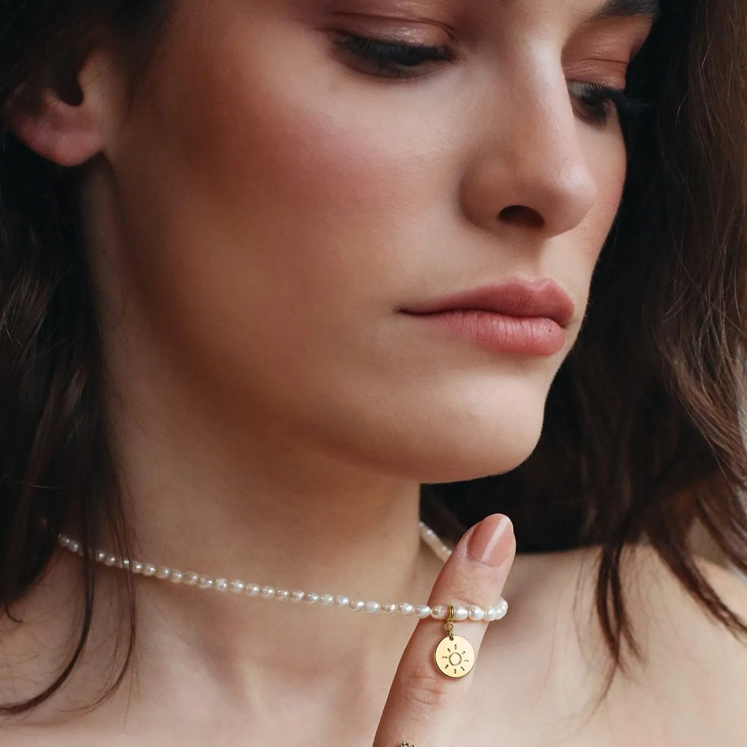 S.J JEWELRY Freshwater Pearl Necklace for Women 5mm Dainty Pearl Choker Necklaces 14K Gold Plated Rainbow Moon Pendant