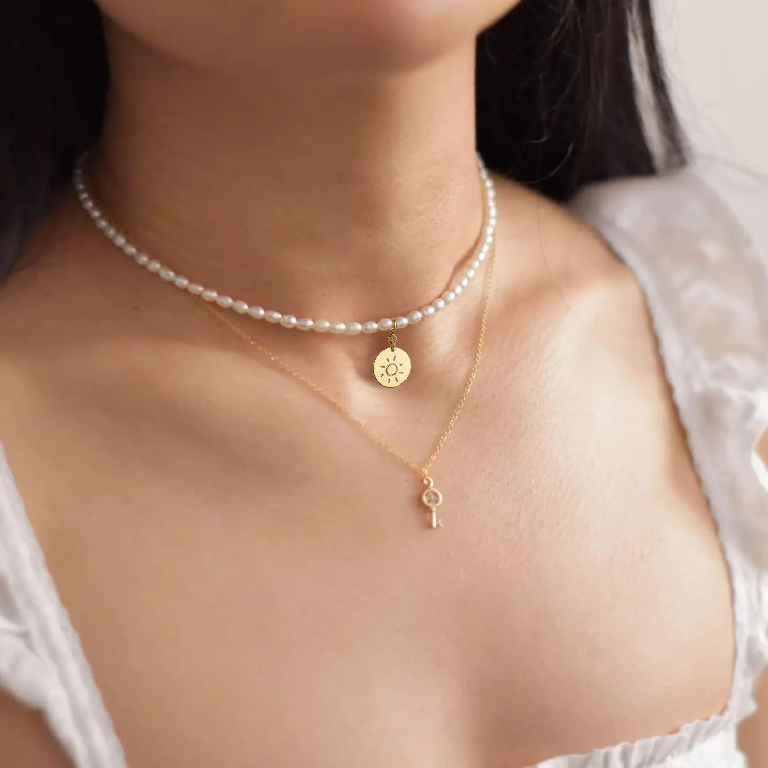 S.J JEWELRY Freshwater Pearl Necklace for Women 5mm Dainty Pearl Choker Necklaces 14K Gold Plated Rainbow Moon Pendant